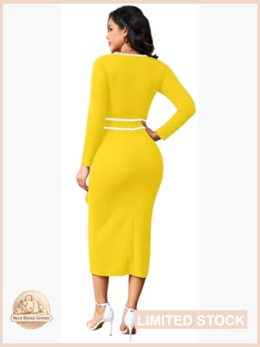 Long Sleeve Bodycon Midi Dress Ruffle Side Split Work Party Evening - Picture 4 of 5